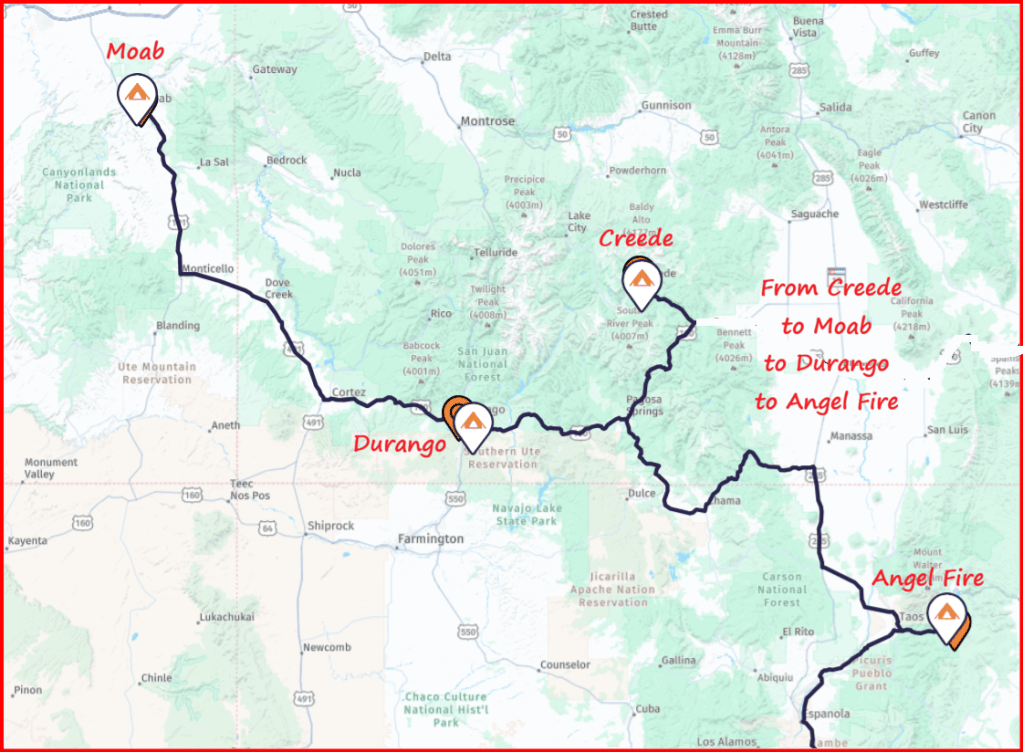 Map showing the route from Moab to Durango, including Creede and Angel Fire, with notable landmarks labeled.