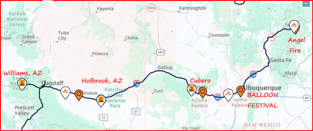 Map showing key locations along Route 66 in Arizona, including Williams, Holbrook, and Cubero, with markers indicating the Albuquerque Balloon Festival and Angel Fire.